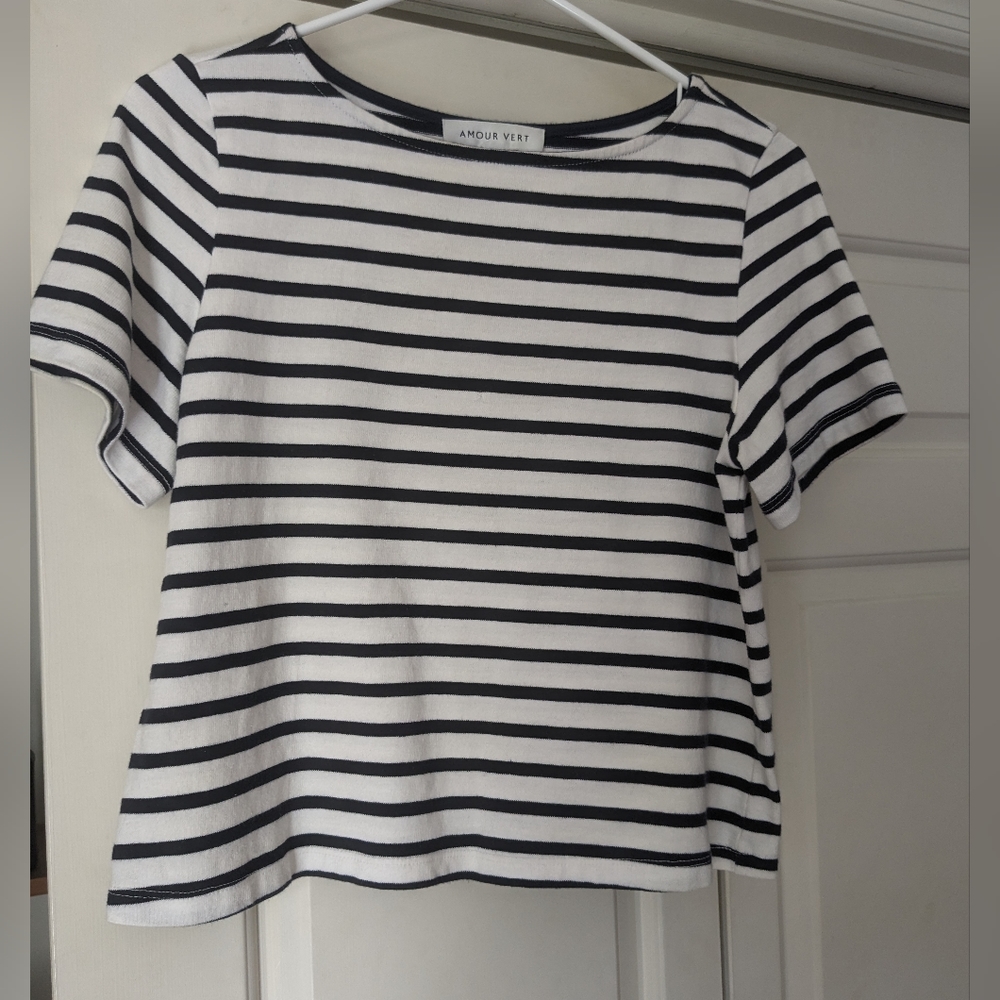 Amour Vert Ella Short-Sleeve Top - Ivory Navy Striped - Size Small